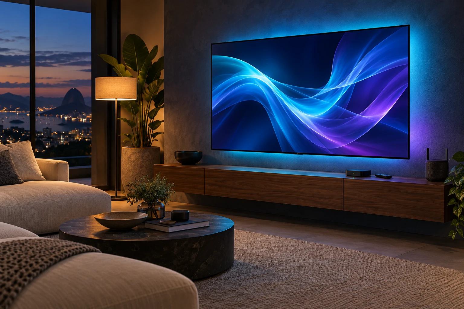 Smart TV genérica em uma sala moderna; imagem ilustrativa criada com IA